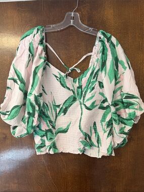 City Chic Pink & Green Leaf Print Puff-Sleeve Smocked Crop Top